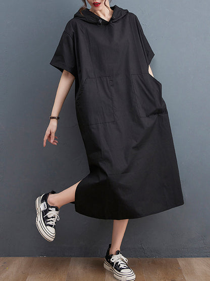 Urban Black&White Split-Side Short Sleeves Hooded Midi Dress