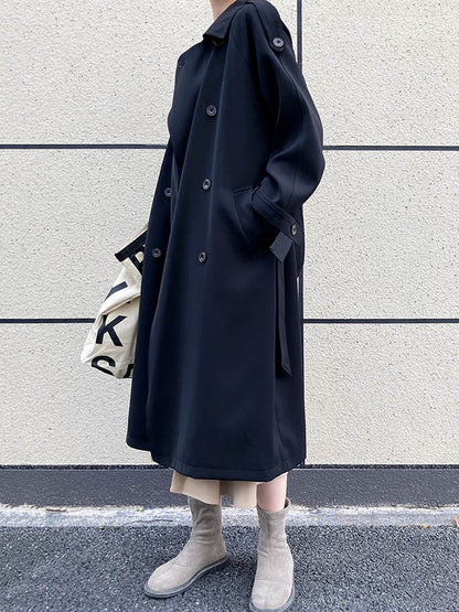 Chic Solid Color Buttoned Tied Notched Collar Long Sleeves Trench Coat