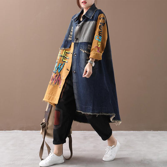 Buykud Letter Printed Hole Burr Casual Denim Dress