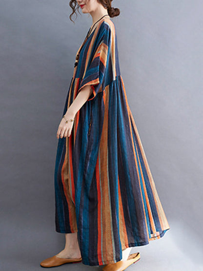 Colorful Stripe Split-Joint Round-Neck Long Dress