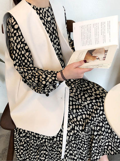 Stylish Polka-Dot Pleated Round-Neck Long Sleeves Loose Midi Dress