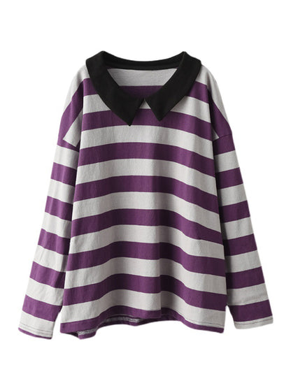 Casual Striped Contrast Color Long Sleeves Doll Collar Loose T-Shirt Tops