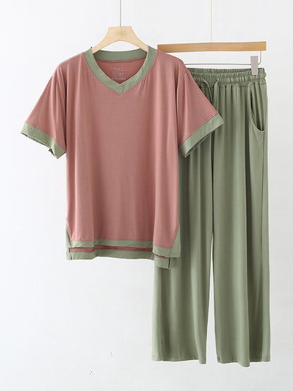 Comfortable Short Sleeve V-Neck T-Shirt&Pants Pajama Set