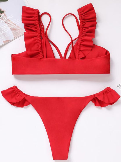 Plain Ruffled Bikini Swimsuit