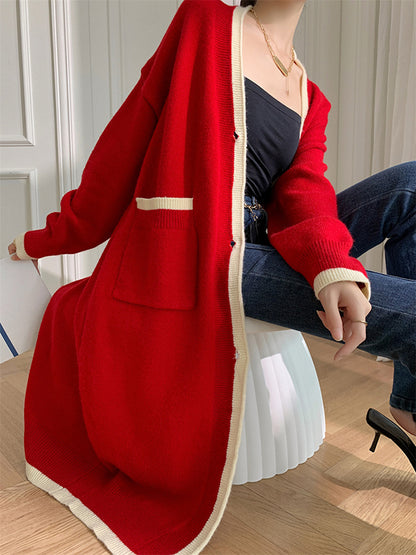 Stylish Loose Long Sleeves Split-Joint V-Neck With Pockets Cardigan Tops