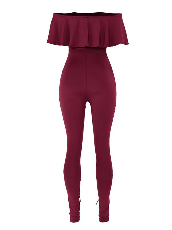 Off-The-Shoulder Lotus Leaf Sleeves Solid Sexy Jumpsuit