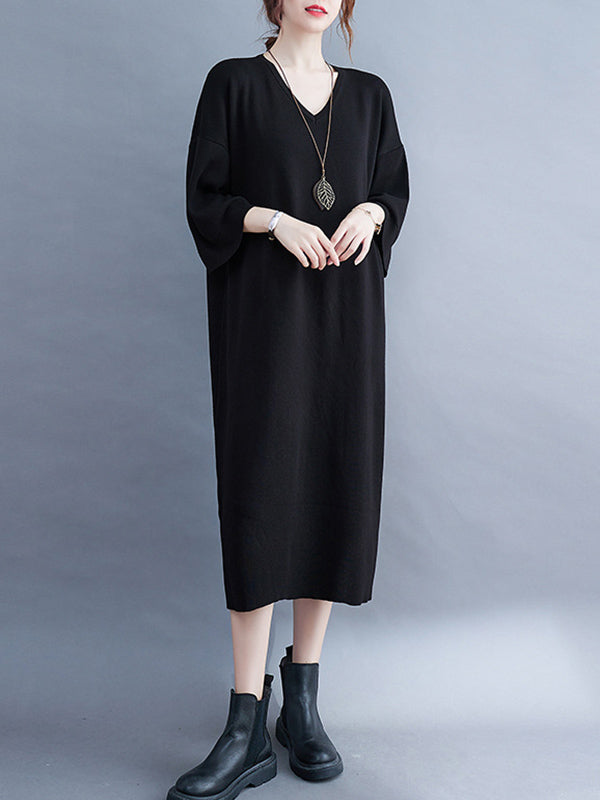 Urban Solid Color V-Neck Split-Side Knitting H-Line Sweater Dress