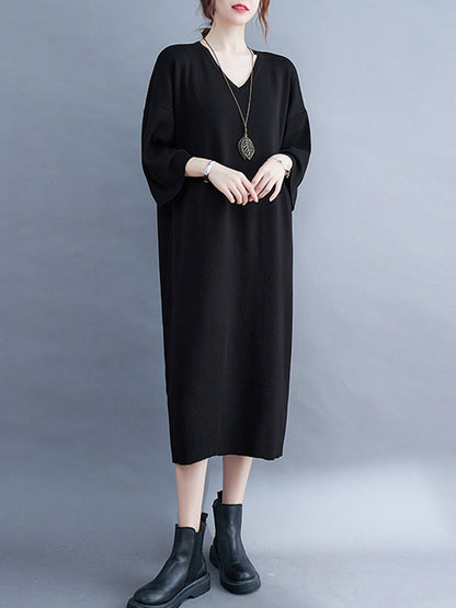 Urban Solid Color V-Neck Split-Side Knitting H-Line Sweater Dress