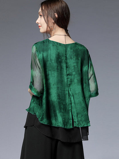 Artistic Retro Mulberry Silk Loose Printed Round-Neck Half Sleeves T-Shirt Tops