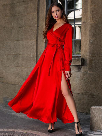 V-neck Long Sleeves Solid Color Belted Maxi Evening Dress