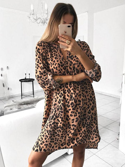V-neck Long Sleeves Printed Shirt Mini Dresses