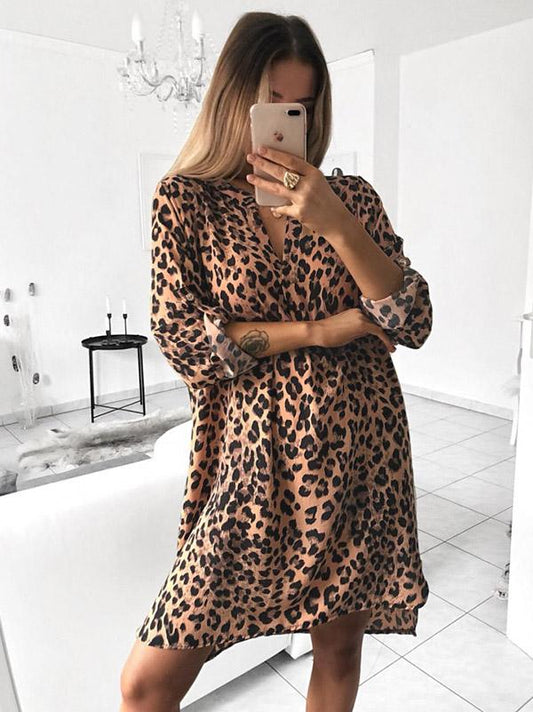 V-neck Long Sleeves Printed Shirt Mini Dresses