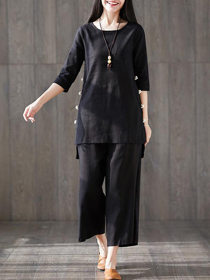 Solid Short Sleeves Shirt + Straight Leg Pants