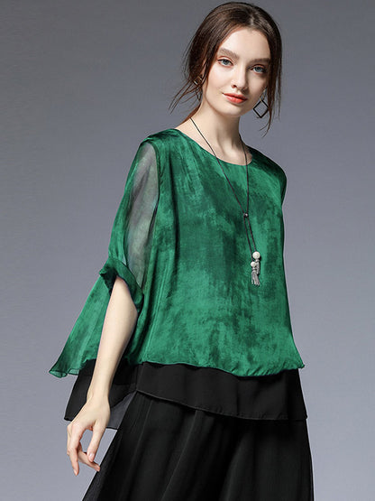 Artistic Retro Mulberry Silk Loose Printed Round-Neck Half Sleeves T-Shirt Tops