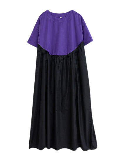 Original Loose Contrast Color Pleated Midi Dress