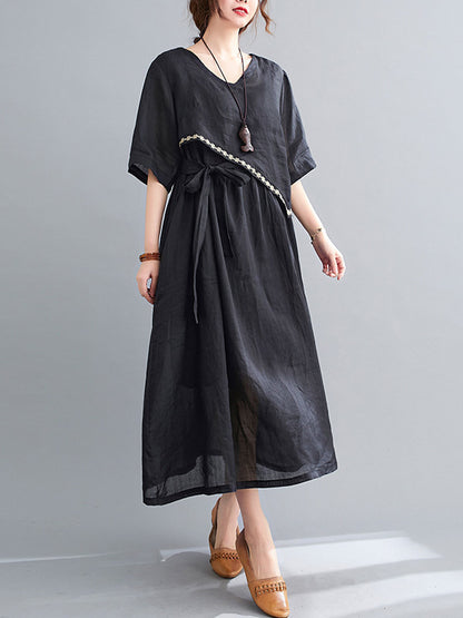 Artistic Retro Solid Color Split-Joint Pleated Tied Embroidered Half Sleeves V-Neck Midi Dress
