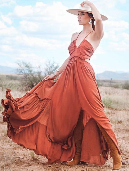 Ruffled Waisted Spaghetti-neck Maxi Dress