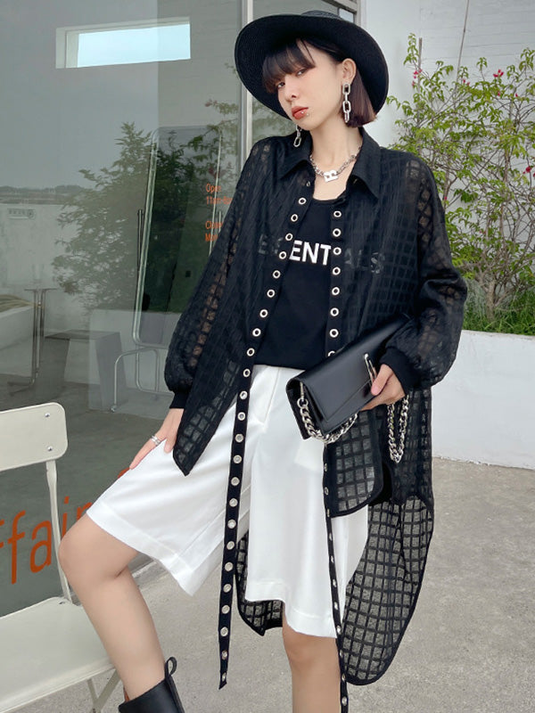 Stylish See-Through Buttoned High-Low Lapel Outerwear