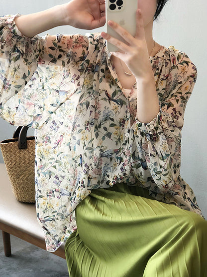 Urban Multi-Colored Floral Printed Puff Sleeves Chiffon Blouse