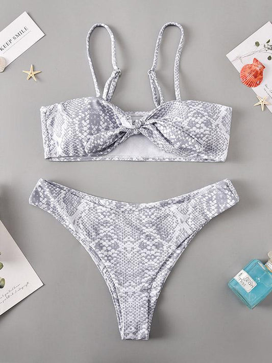 Snake-Print Knotted Bandeau Split Bikini Swimsuit
