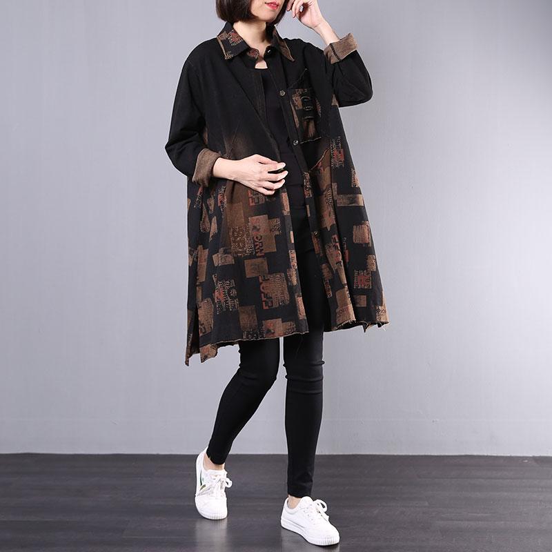 Buykud Retro Printed Split Hem Casual Loose Coat