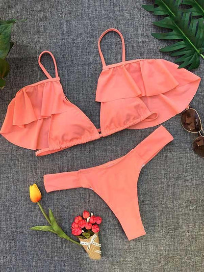 Sexy Ruffled Plain Bikinis Swimwear