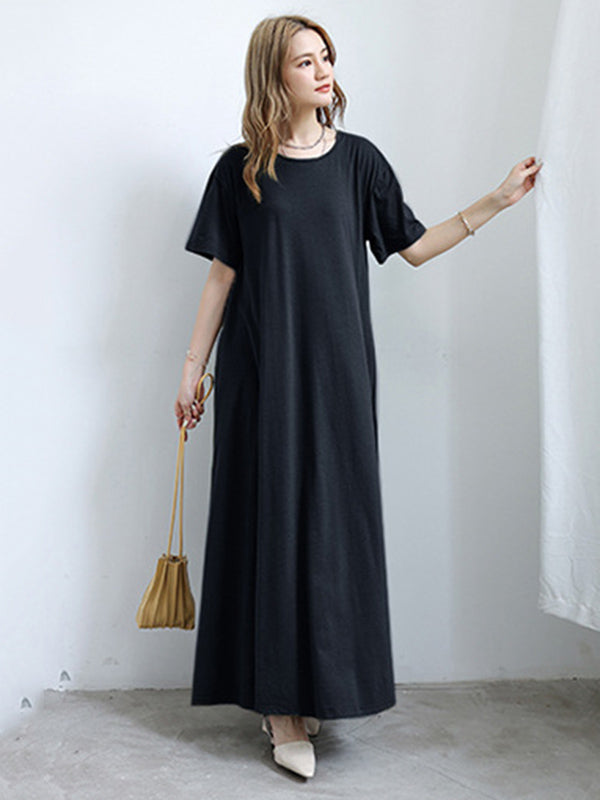 Simple Solid Color Oversized A-Line Round-Neck Short Sleeves Maxi Dress