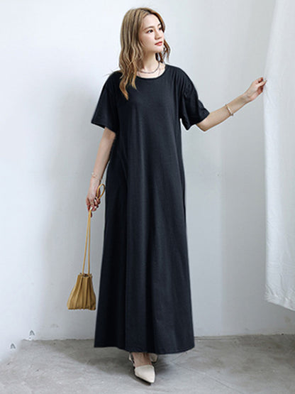Simple Solid Color Oversized A-Line Round-Neck Short Sleeves Maxi Dress