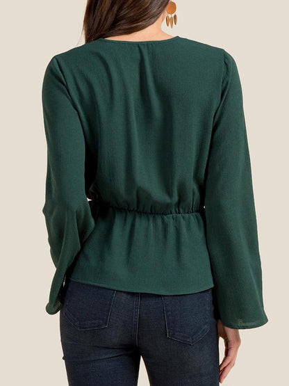 V-neck Bandage Solid Ruffled Shirt Top
