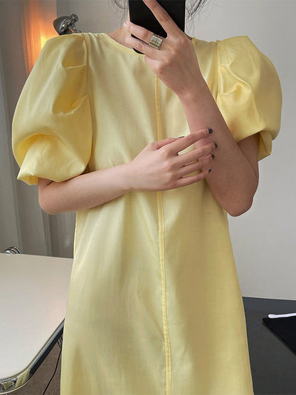 Girlish A-Line Puff Sleeves Round-Neck Midi Dress