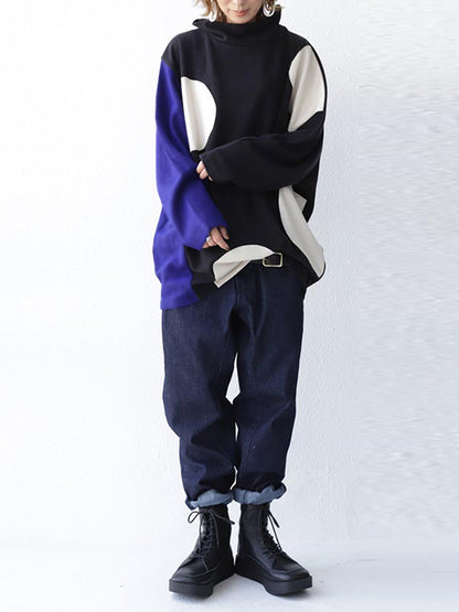 Original Casual Loose Split-Joint Color Matching Polka-Dot High-Neck Long Sleeves T-Shirt Tops