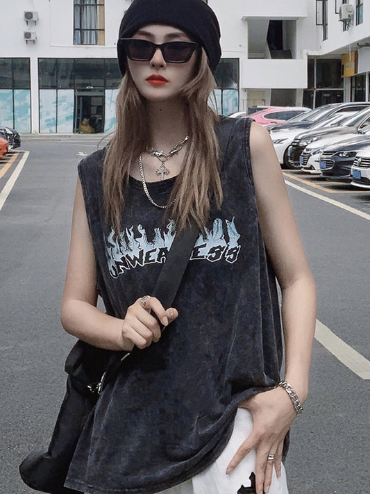 Loose Cool Street Hip-Hop Stylish Letter Printed Round-Neck Sleeveless Vest Top