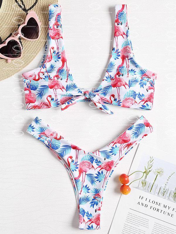 High Cut Flamingo Printed Bikinis Swimwear