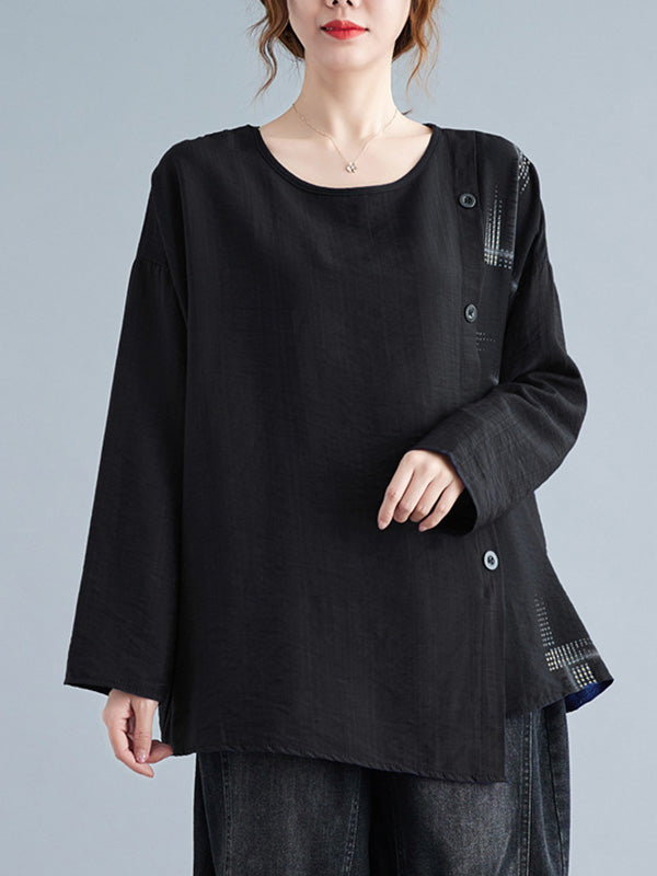 Casual Asymmetric Buttoned Round-Neck Long Sleeves T-Shirt Tops