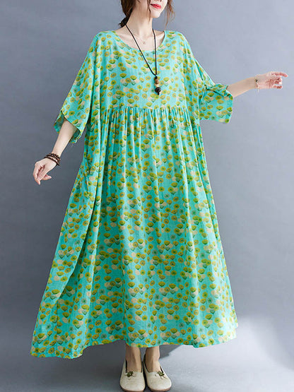Summer Plant Printing Batwing Sleeves Split-Joint Round-Neck Long Dress