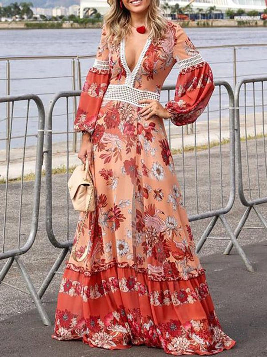 Printed Split-joint Puff Sleeves Maxi Dress