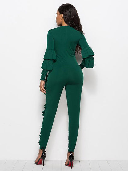 Striped Falbala With Pockets Sports Jumpsuit