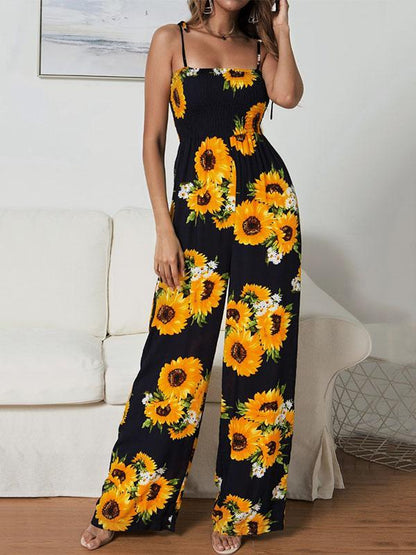 Sunflower Printed Spaghetti-neck Jumpsuits