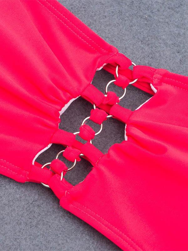 Solid Color Hollow Bandage Bandeau Split Bikini Swimsuit