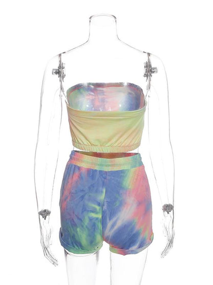 Tie Dye Off Shoulder And Drawstring Shorts Suits