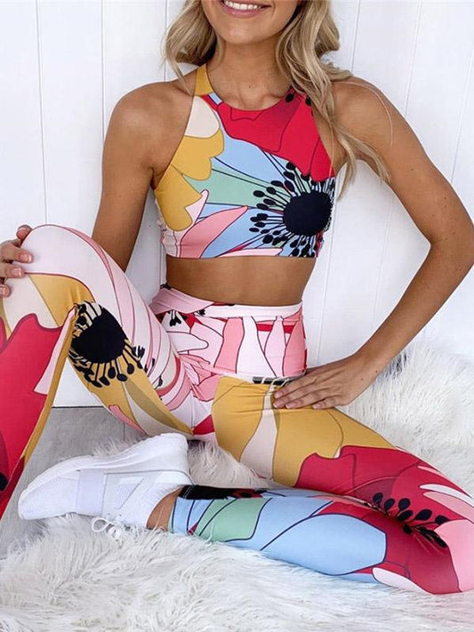 Printed Back Bandage Tanks And Wide Waistband Leggings Suits