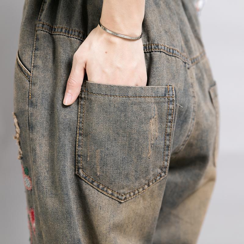 Embroidered Plant Worn Drawstring Nostalgic Jeans