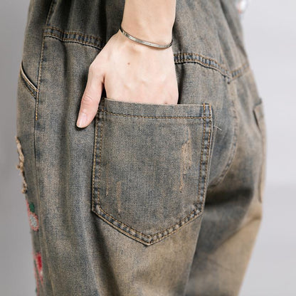 Embroidered Plant Worn Drawstring Nostalgic Jeans