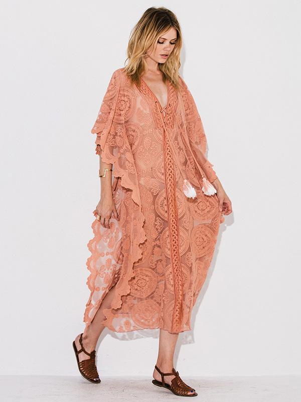 Pink Lacy Split-joint Beach Cover-up Maxi Dress