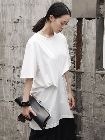 Simple Solid Color Asymmetric Pleated Short Sleeves Round-Neck T-Shirt