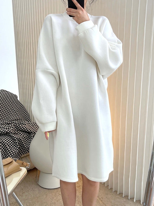 Simple Loose Solid Color Split-Joint Round-Neck Long Sleeves Midi Dress