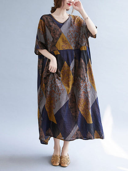 Vintage Printed V-Neck Half Sleeves Midi Dress
