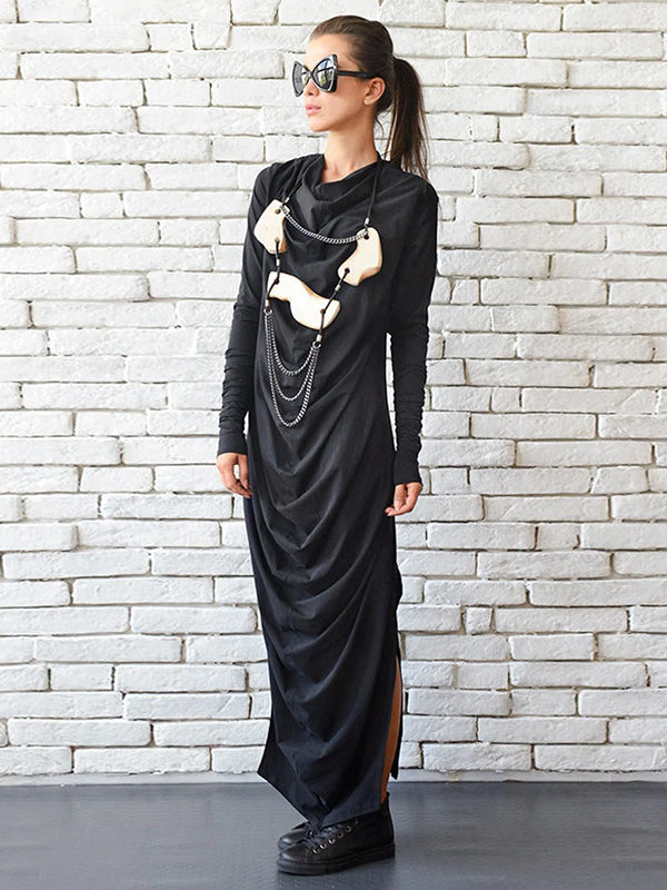 Stylish Black Pleats Heaps Collar Split-Side Long Sleeve Maxi Dress