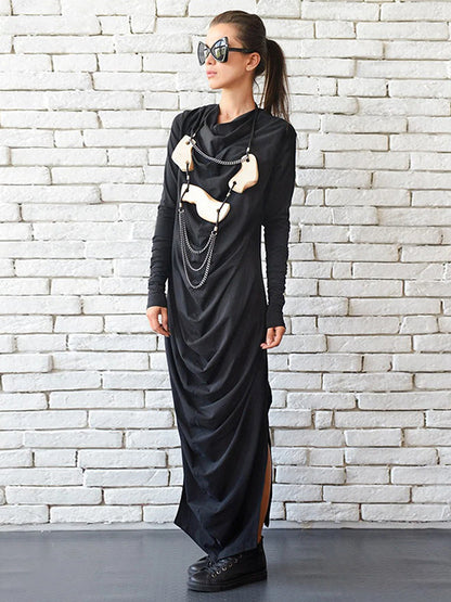Stylish Black Pleats Heaps Collar Split-Side Long Sleeve Maxi Dress