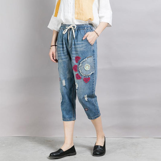 Casual Appliques Frayed Light Blue Jeans